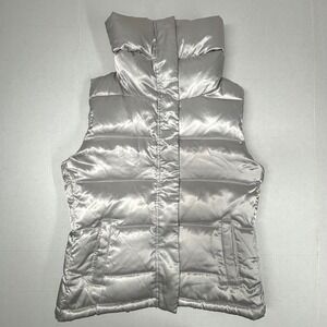 Talbots Petites Down Puffer Vest Quilted Zip Silver Womens Turtleneck Button EUC